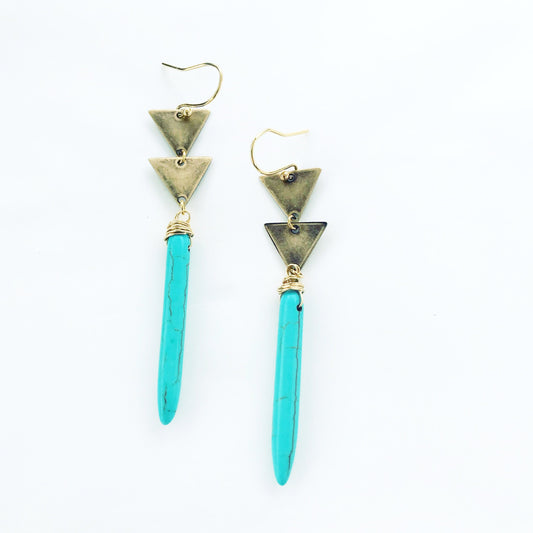 Brass Triangle Turquoise Spear Earrings