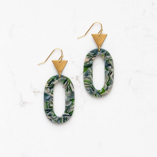 Acetate Green Marbled Oval and Triangle Earrings