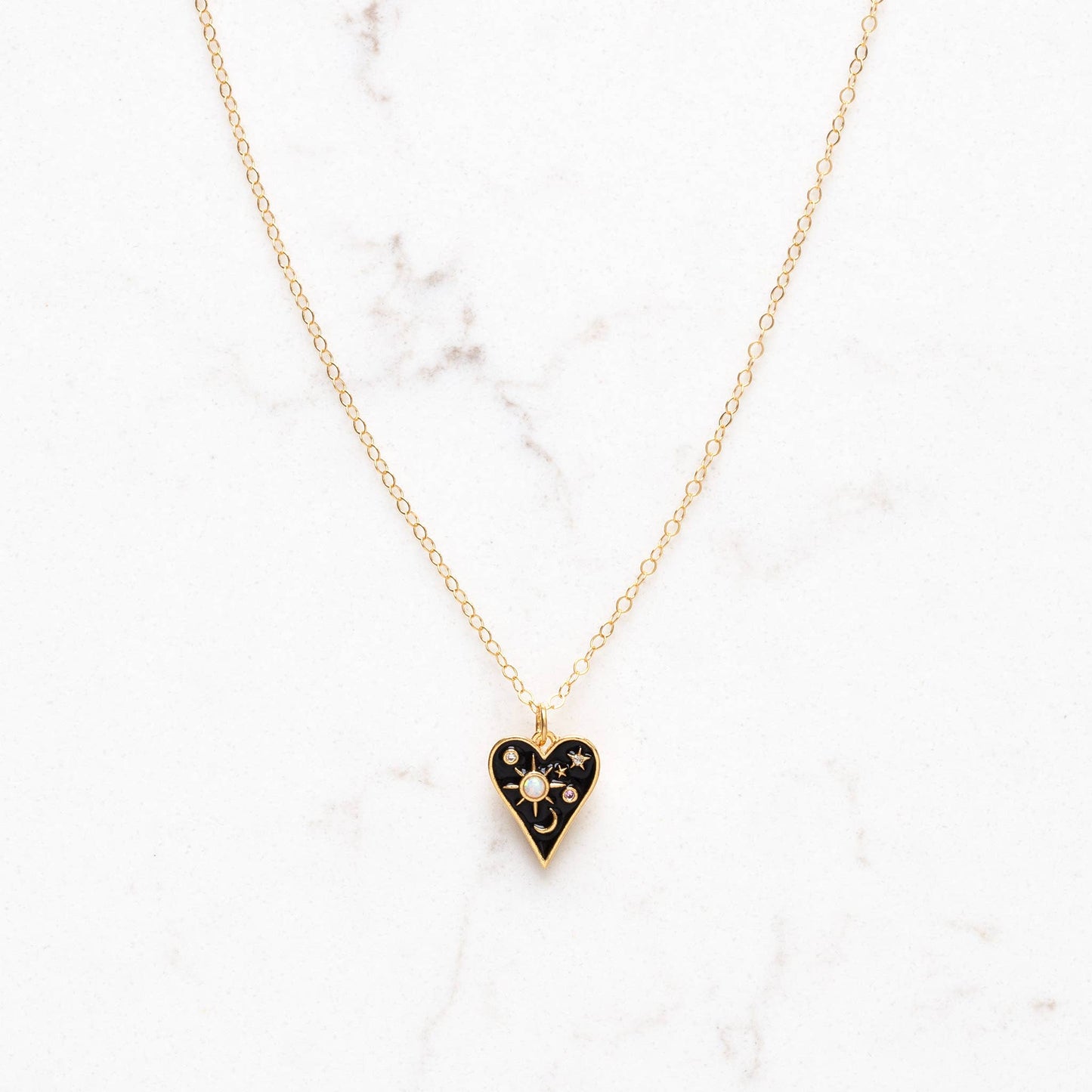 Celestial Black Heart Enamel Necklace With Opal