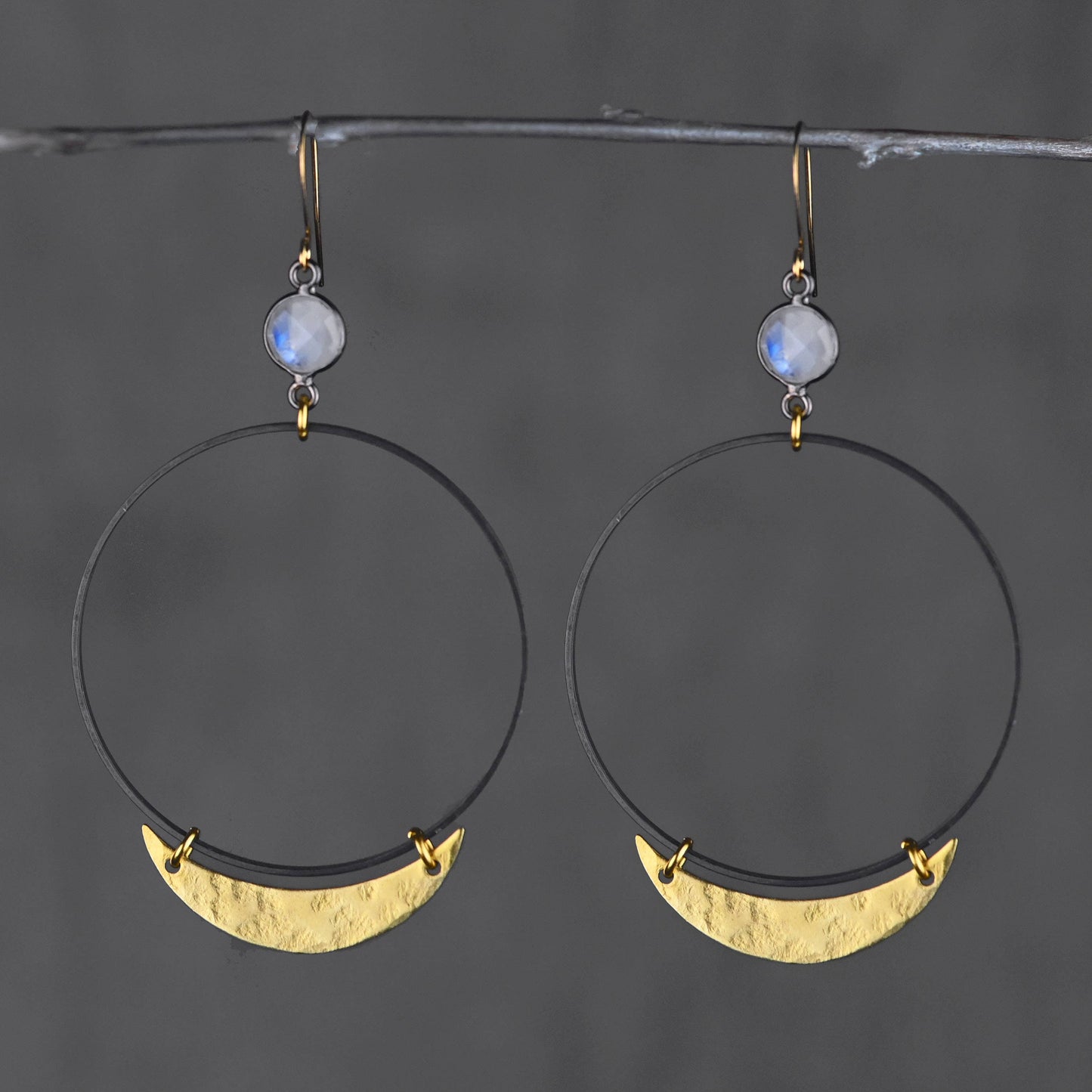 Black Hoop With Gem & Hammered Crescent Moon Earrings