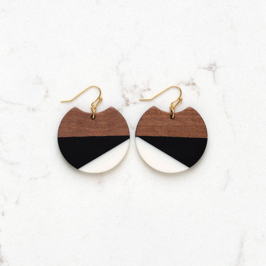 Black, White and Wood Color Block Acrylic Earrings