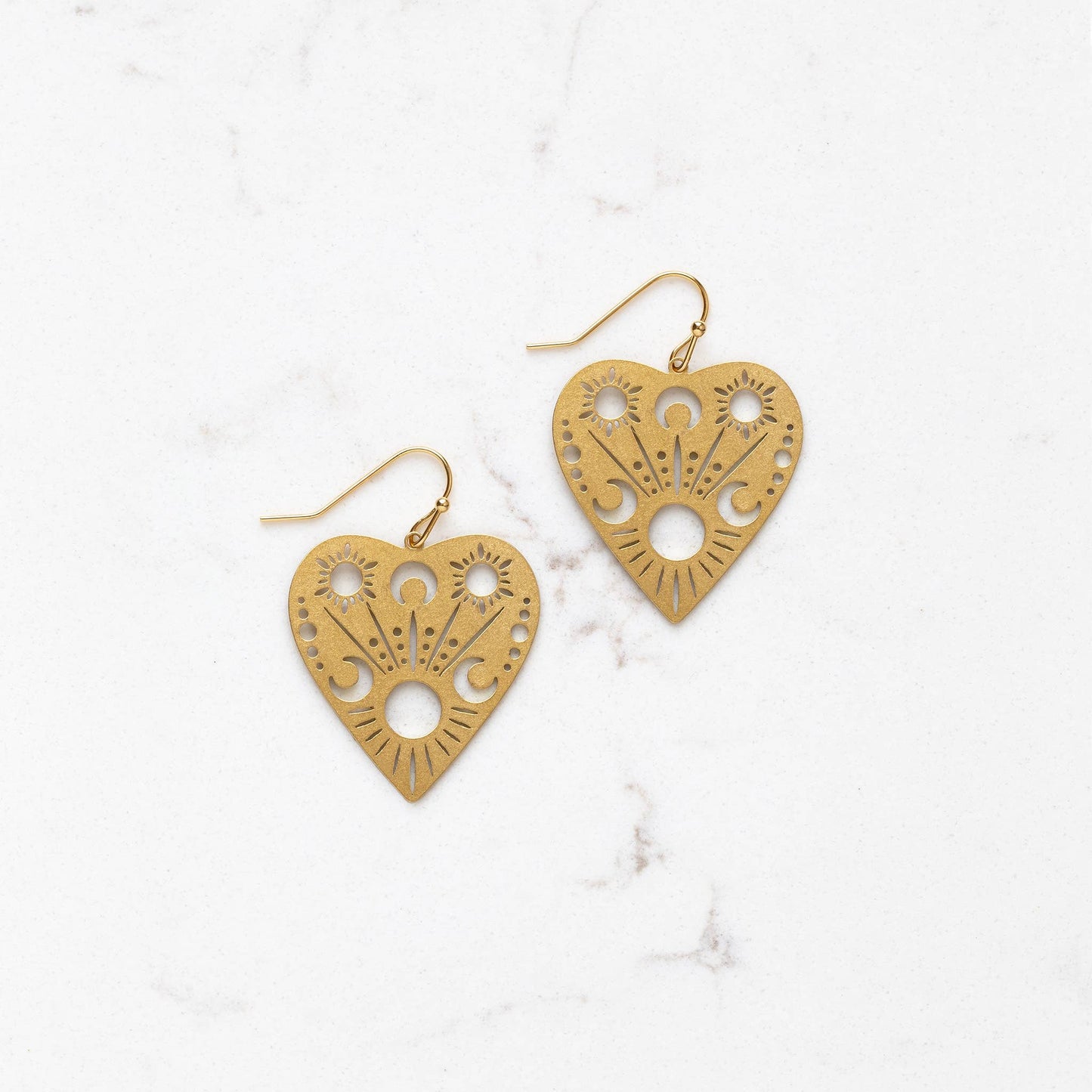 Celestial Moon and Star Brass Heart Earrings