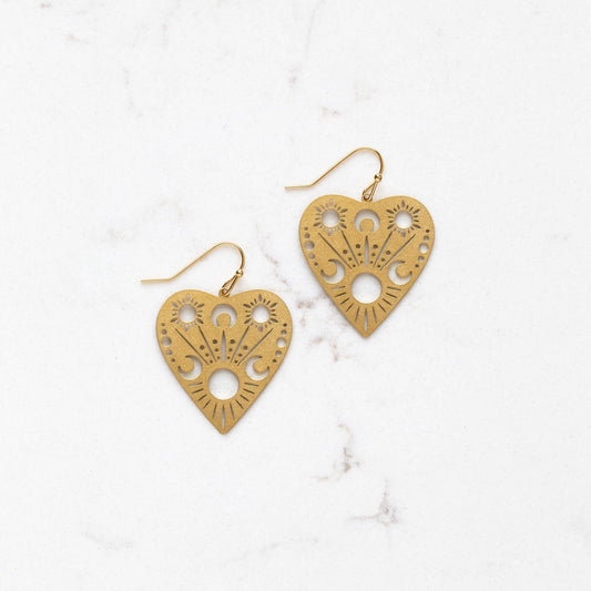 Celestial Moon and Star Brass Heart Earrings