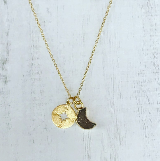 Druzy Moon and Compass Charm Necklace